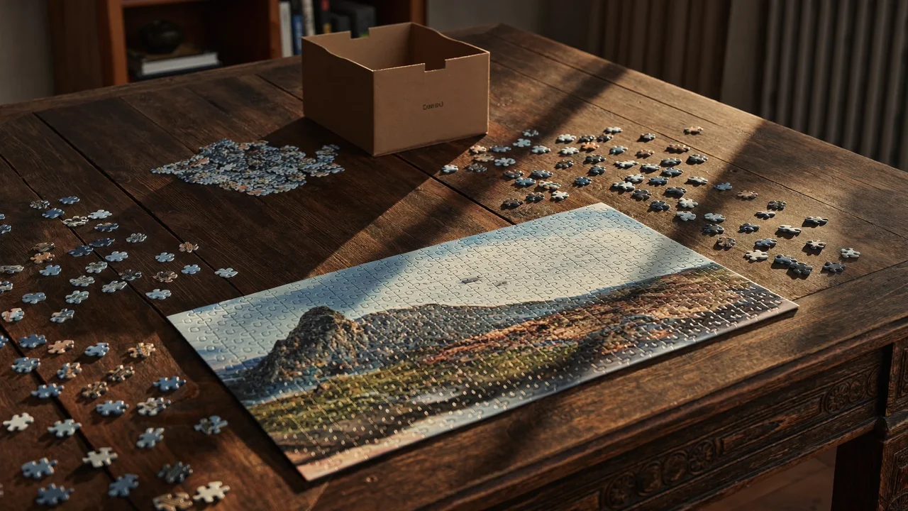 Půl hotové krajinné puzzle z tisíce dílků na dřevěném stole