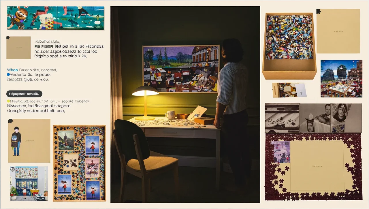 Hotová zarámovaná puzzle na stěně v klidném obývacím koutě